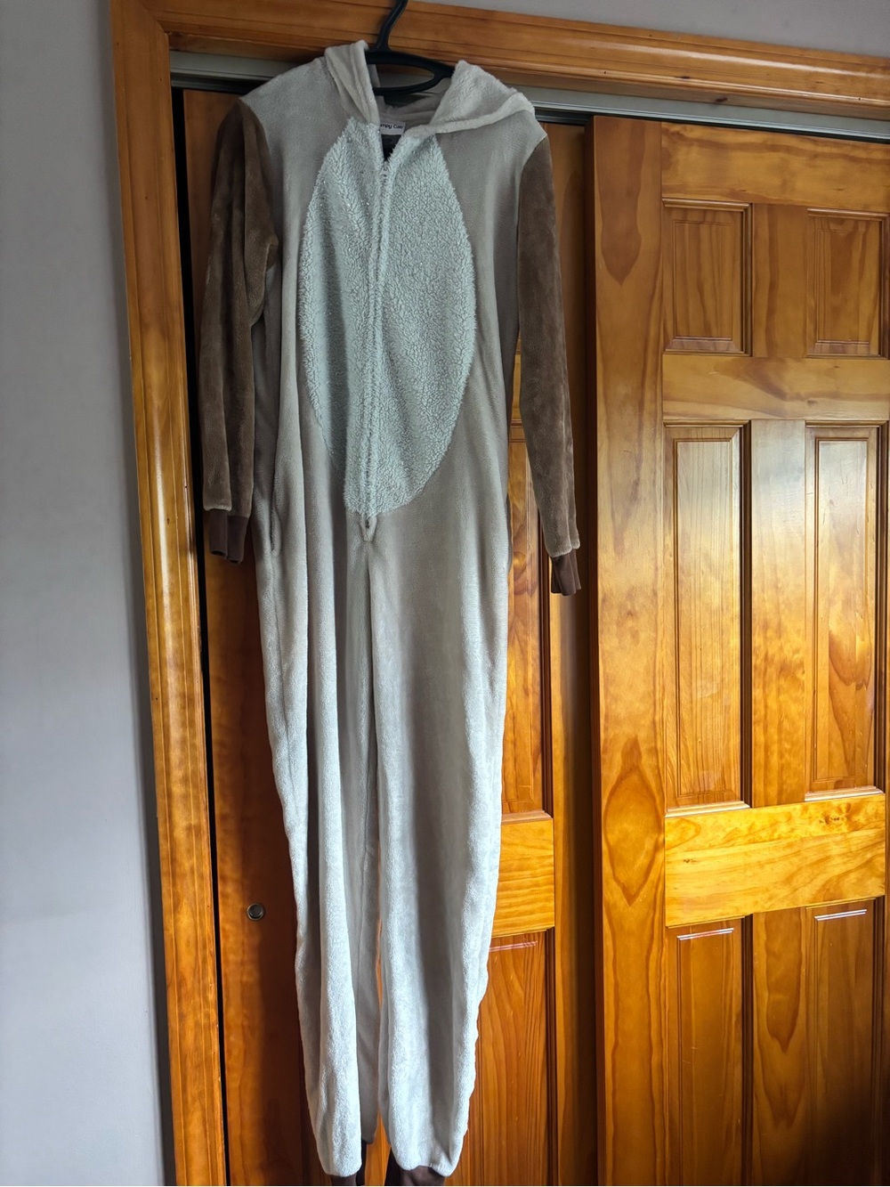Cozy Hooded Onesie Jumpsuit - Light Gray & Brown